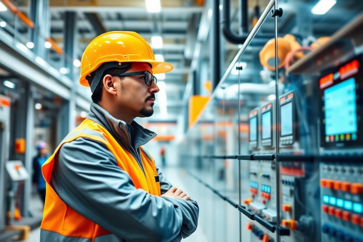 Engineer inspecting an industrial control panel