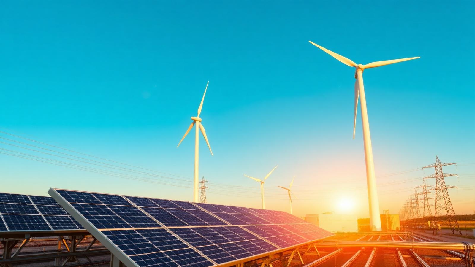 Solar panels and wind turbines at sunrise
